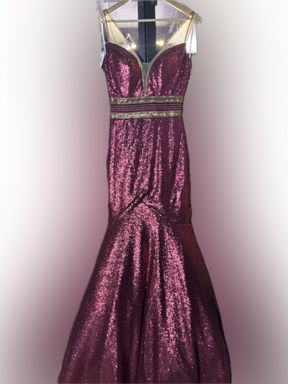 Vienna Prom Mermaid Train in Deep Red “wet” sequins with Gold Trim sz 2